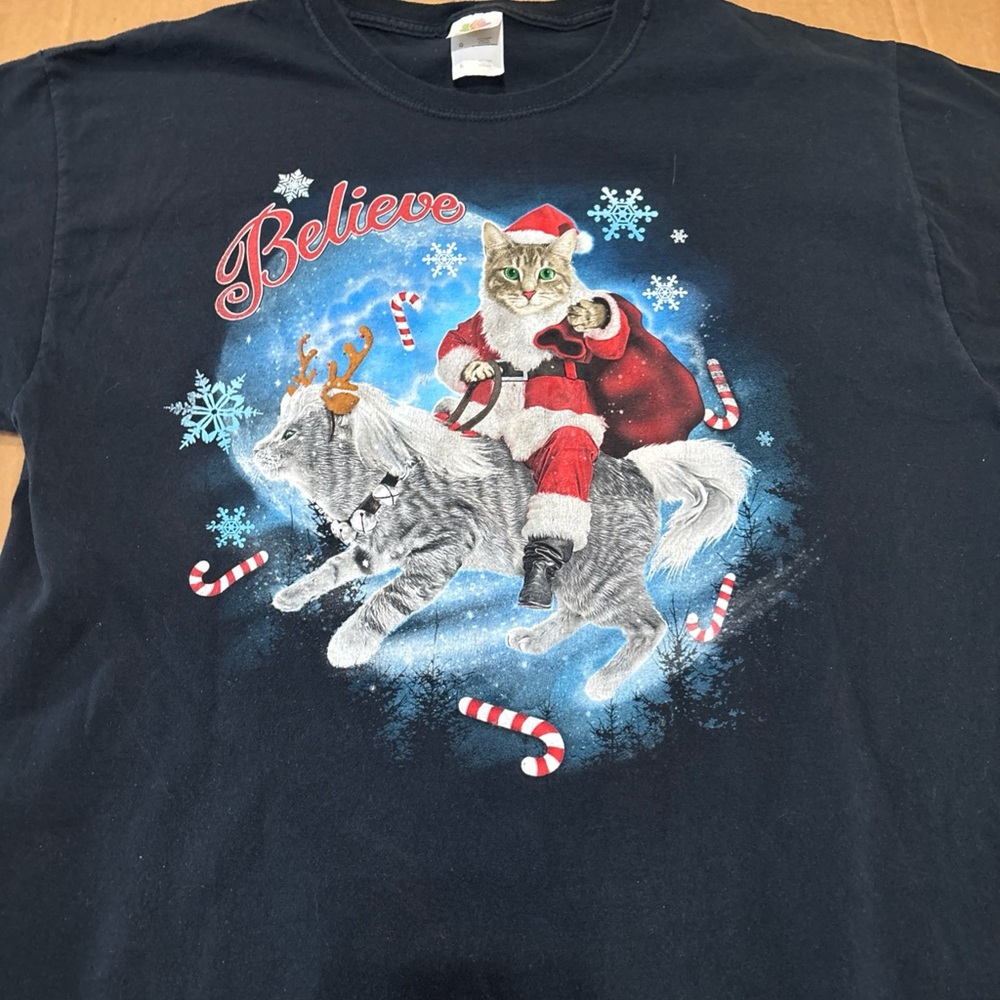Vintage Funny Cat T Shirt Christmas Santa Kitten Mens Large Xmas Tee